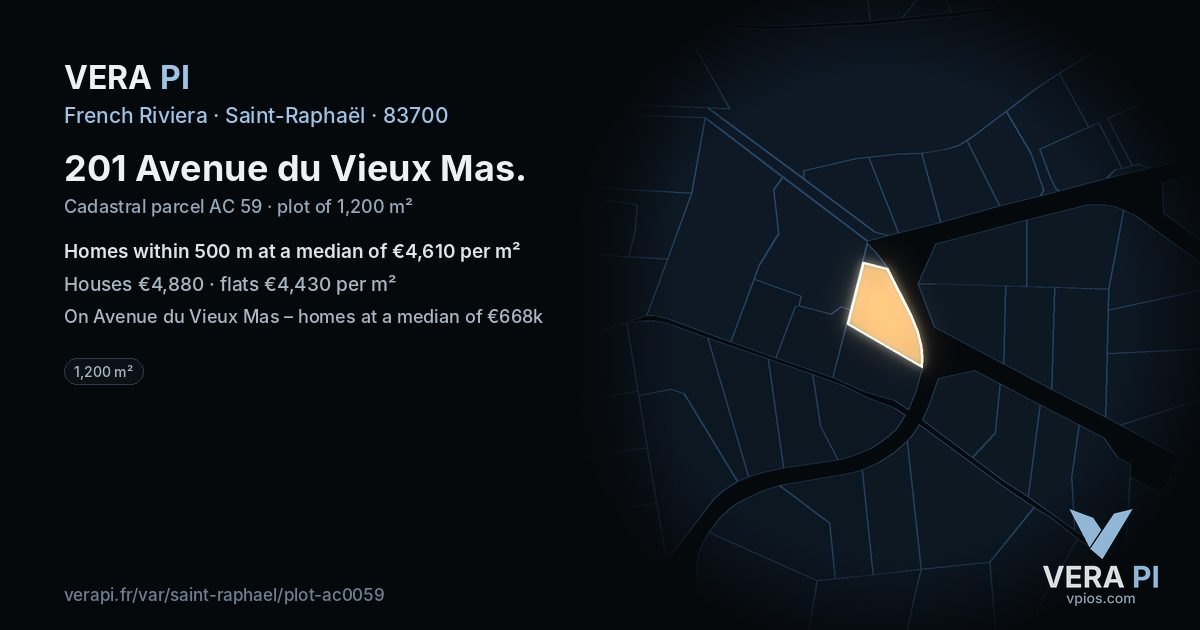 201 Avenue du Vieux Mas, Saint-Raphaël at night – the plot lit, the parcels around coloured by the prices near them