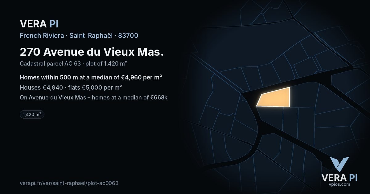 270 Avenue du Vieux Mas, Saint-Raphaël at night – the plot lit, the parcels around coloured by the prices near them