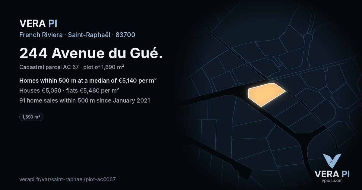 244 Avenue du Gué, Saint-Raphaël at night – the plot lit, the parcels around coloured by the prices near them