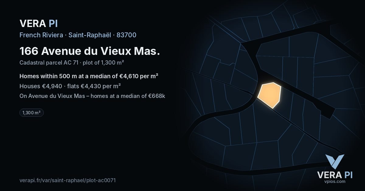 166 Avenue du Vieux Mas, Saint-Raphaël at night – the plot lit, the parcels around coloured by the prices near them