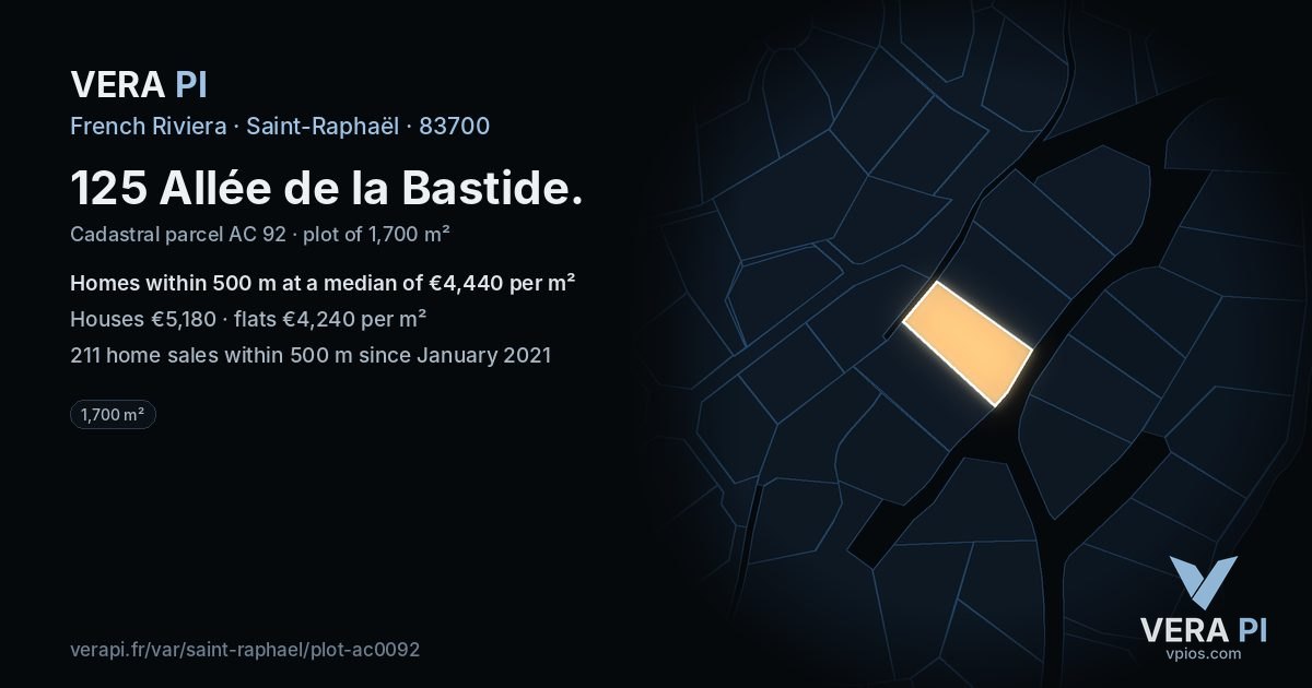 125 Allée de la Bastide, Saint-Raphaël at night – the plot lit, the parcels around coloured by the prices near them