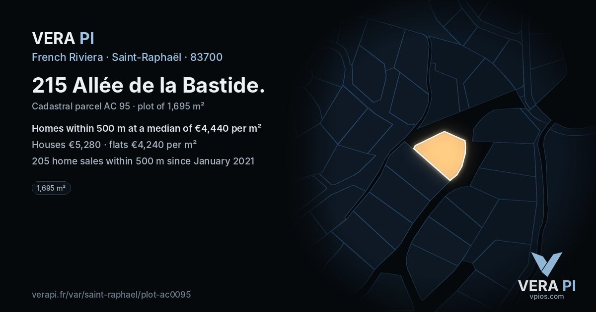 215 Allée de la Bastide, Saint-Raphaël at night – the plot lit, the parcels around coloured by the prices near them