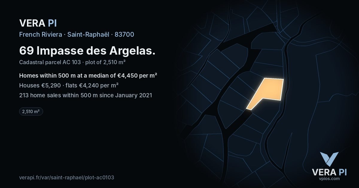 69 Impasse des Argelas, Saint-Raphaël at night – the plot lit, the parcels around coloured by the prices near them