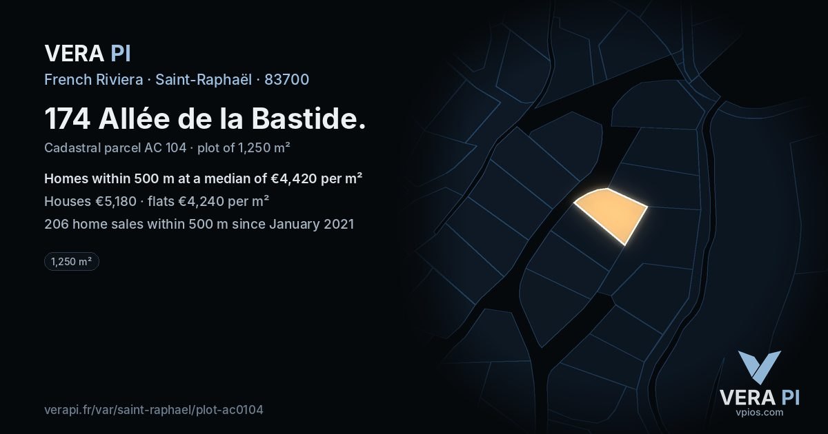 174 Allée de la Bastide, Saint-Raphaël at night – the plot lit, the parcels around coloured by the prices near them