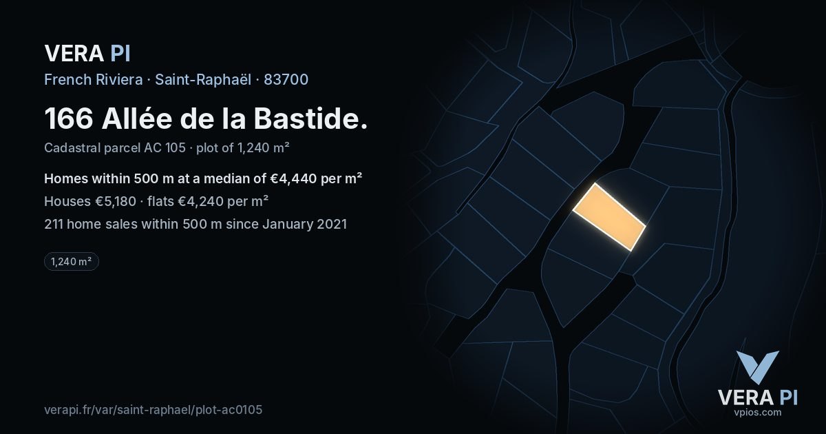 166 Allée de la Bastide, Saint-Raphaël at night – the plot lit, the parcels around coloured by the prices near them