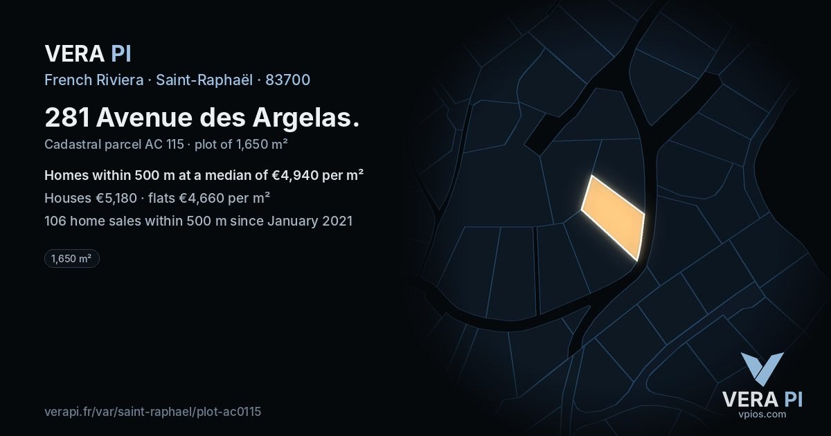 281 Avenue des Argelas, Saint-Raphaël at night – the plot lit, the parcels around coloured by the prices near them