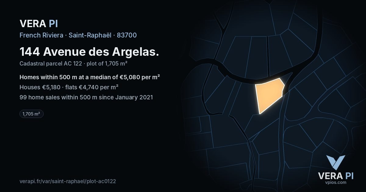 144 Avenue des Argelas, Saint-Raphaël at night – the plot lit, the parcels around coloured by the prices near them