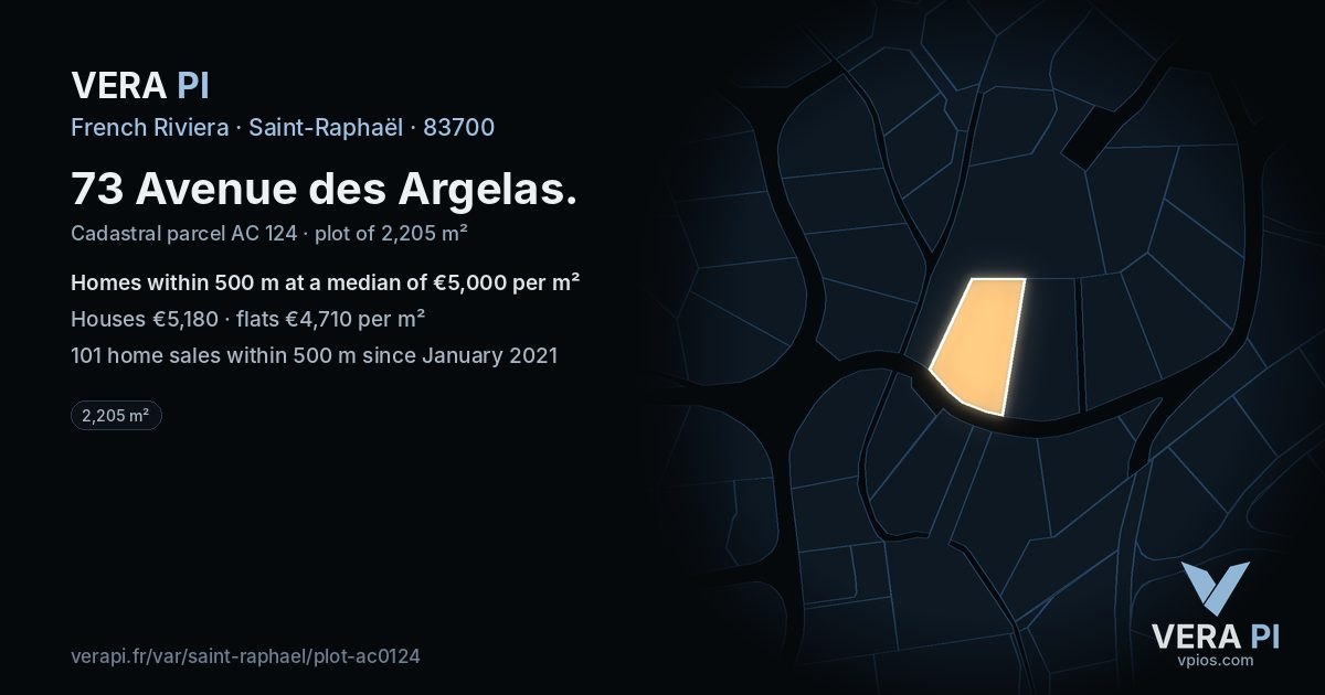 73 Avenue des Argelas, Saint-Raphaël at night – the plot lit, the parcels around coloured by the prices near them