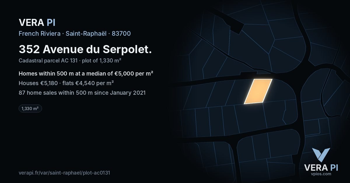 352 Avenue du Serpolet, Saint-Raphaël at night – the plot lit, the parcels around coloured by the prices near them