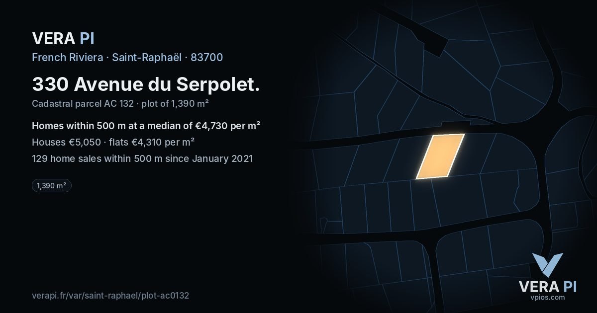 330 Avenue du Serpolet, Saint-Raphaël at night – the plot lit, the parcels around coloured by the prices near them