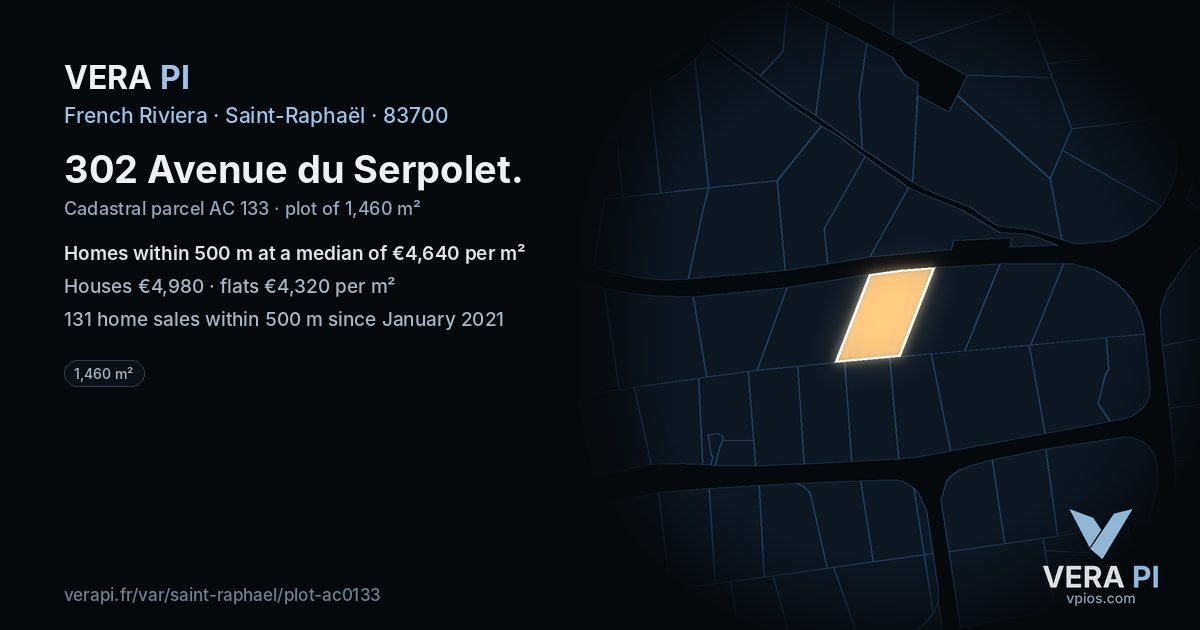 302 Avenue du Serpolet, Saint-Raphaël at night – the plot lit, the parcels around coloured by the prices near them