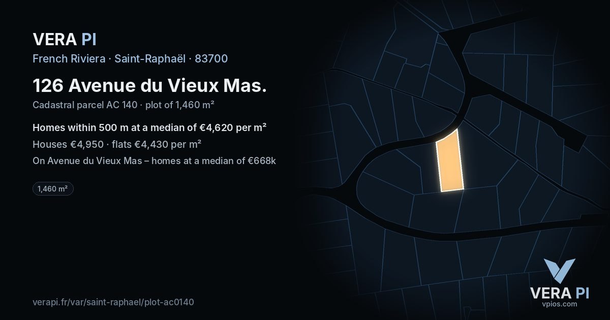 126 Avenue du Vieux Mas, Saint-Raphaël at night – the plot lit, the parcels around coloured by the prices near them