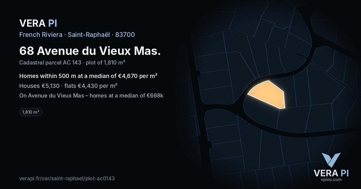 68 Avenue du Vieux Mas, Saint-Raphaël at night – the plot lit, the parcels around coloured by the prices near them