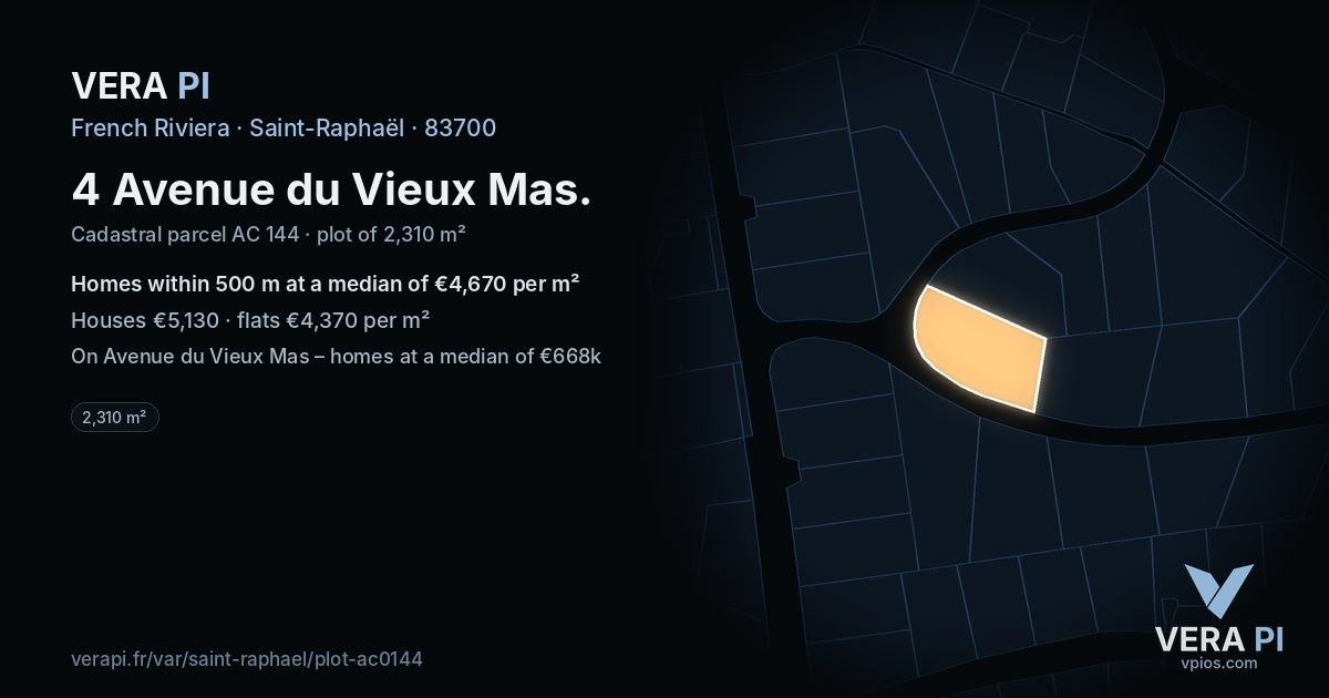 4 Avenue du Vieux Mas, Saint-Raphaël at night – the plot lit, the parcels around coloured by the prices near them