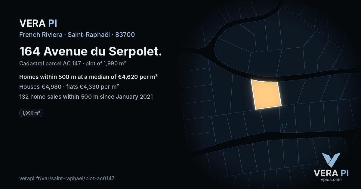 164 Avenue du Serpolet, Saint-Raphaël at night – the plot lit, the parcels around coloured by the prices near them