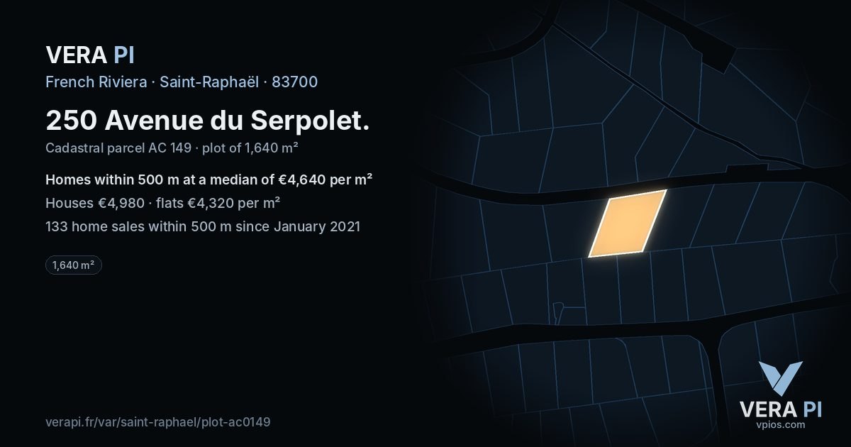 250 Avenue du Serpolet, Saint-Raphaël at night – the plot lit, the parcels around coloured by the prices near them