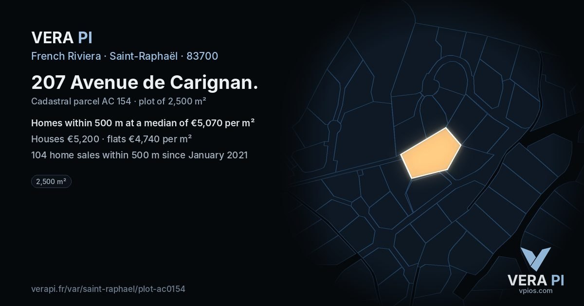 207 Avenue de Carignan, Saint-Raphaël at night – the plot lit, the parcels around coloured by the prices near them