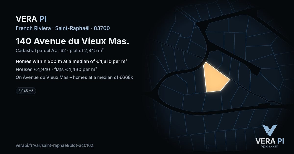 140 Avenue du Vieux Mas, Saint-Raphaël at night – the plot lit, the parcels around coloured by the prices near them