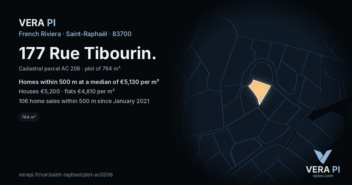 177 Rue Tibourin, Saint-Raphaël at night – the plot lit, the parcels around coloured by the prices near them