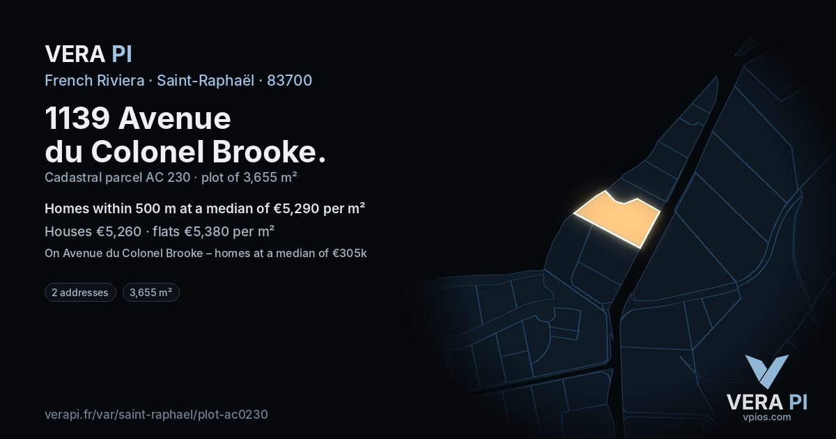 1139 Avenue du Colonel Brooke, Saint-Raphaël at night – the plot lit, the parcels around coloured by the prices near them