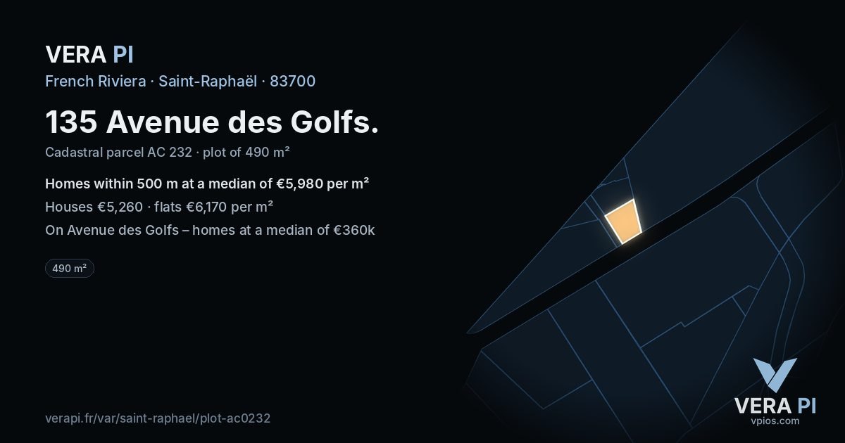 135 Avenue des Golfs, Saint-Raphaël at night – the plot lit, the parcels around coloured by the prices near them