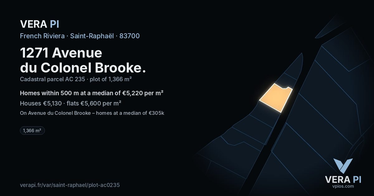 1271 Avenue du Colonel Brooke, Saint-Raphaël at night – the plot lit, the parcels around coloured by the prices near them