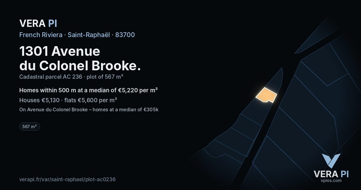 1301 Avenue du Colonel Brooke, Saint-Raphaël at night – the plot lit, the parcels around coloured by the prices near them