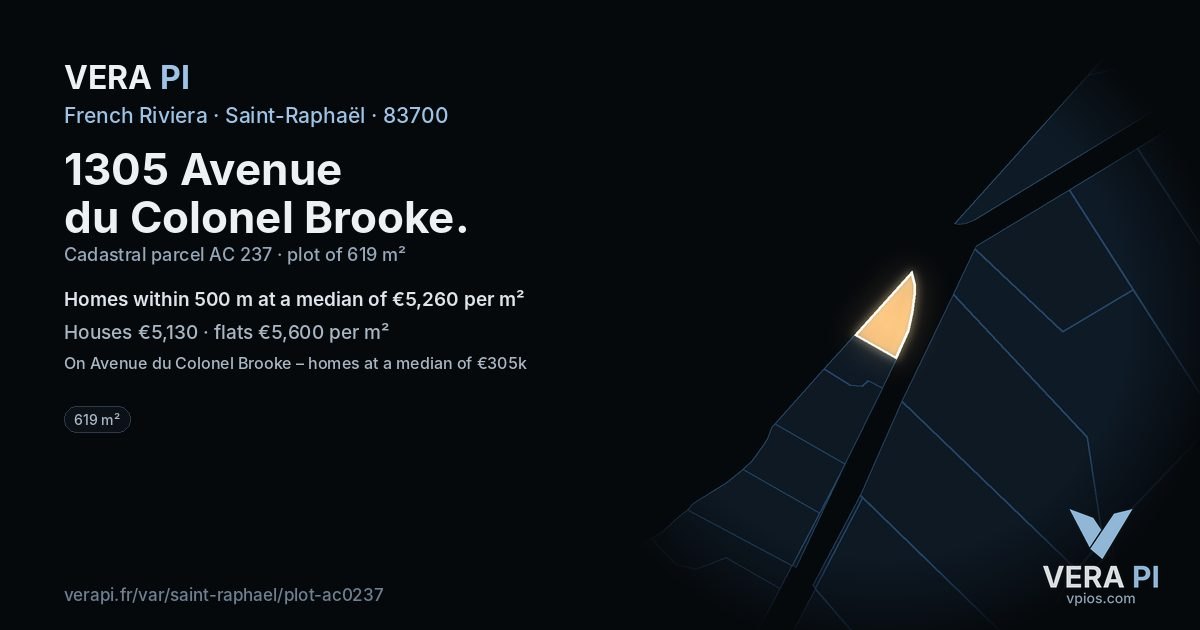 1305 Avenue du Colonel Brooke, Saint-Raphaël at night – the plot lit, the parcels around coloured by the prices near them