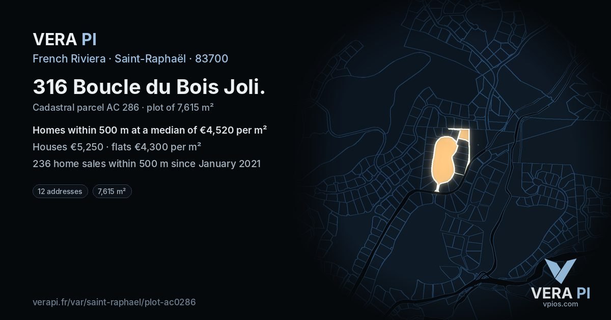 316 Boucle du Bois Joli, Saint-Raphaël at night – the plot lit, the parcels around coloured by the prices near them