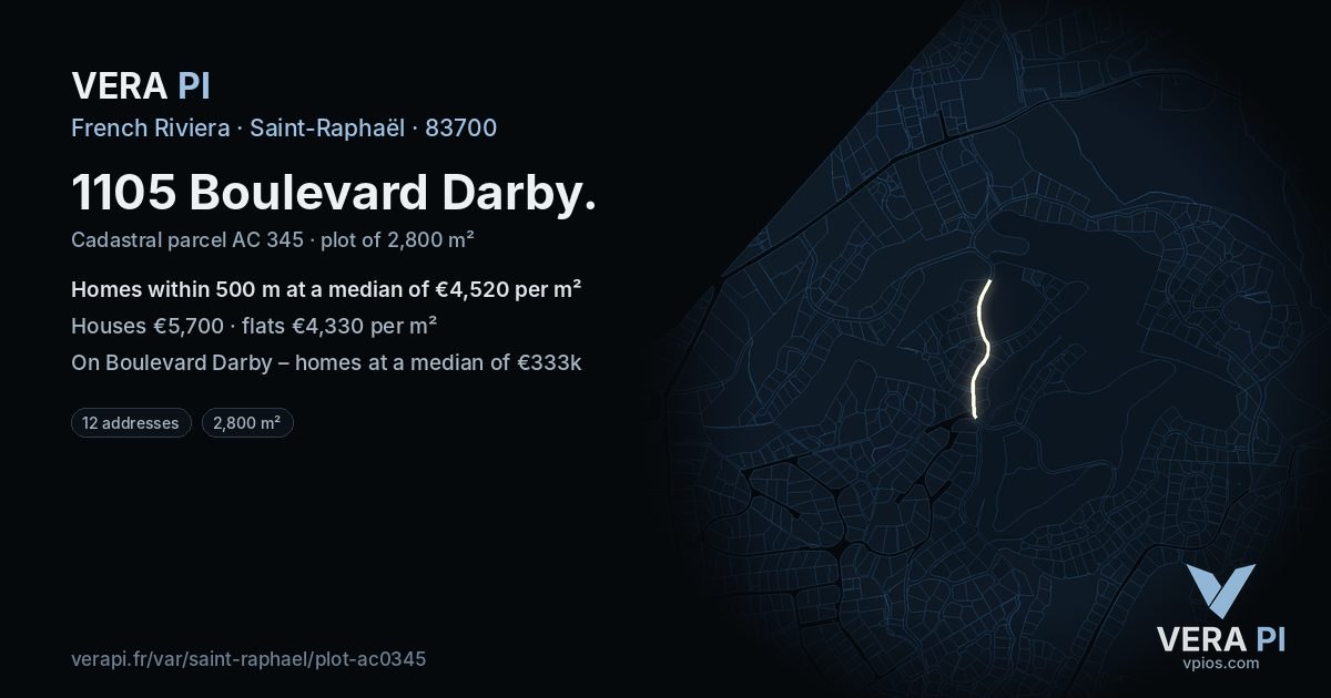 1105 Boulevard Darby, Saint-Raphaël at night – the plot lit, the parcels around coloured by the prices near them
