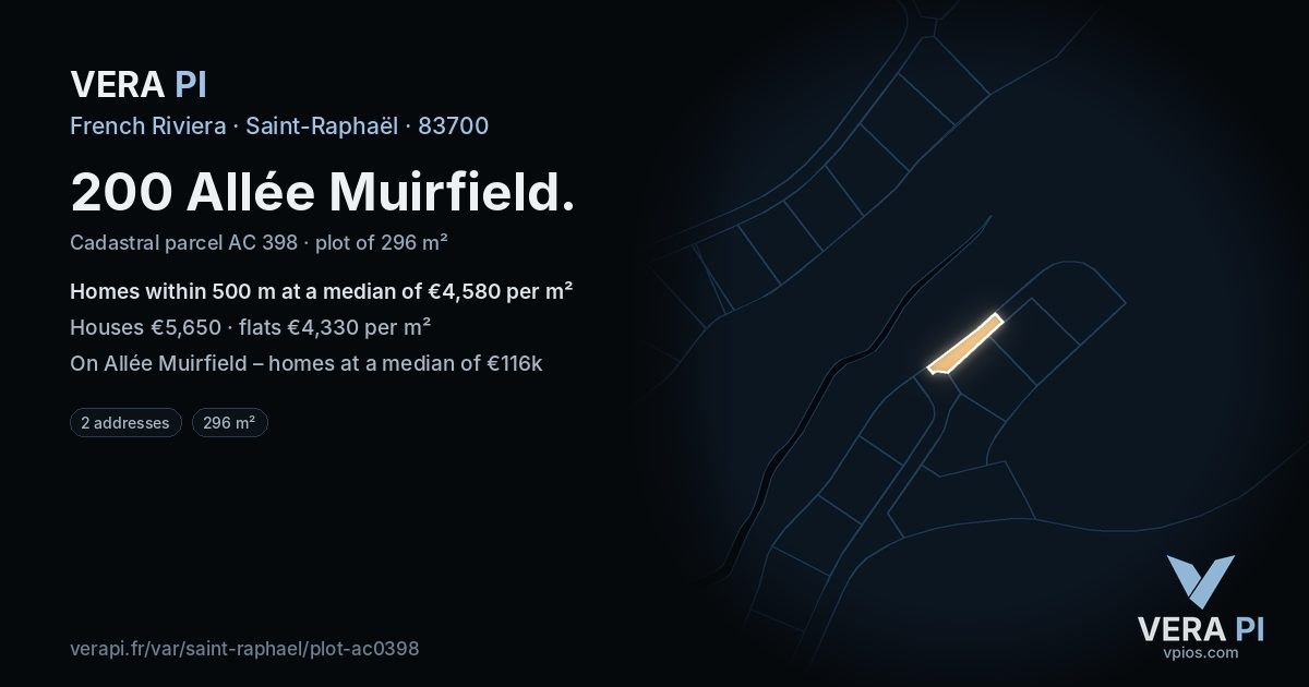 200 Allée Muirfield, Saint-Raphaël at night – the plot lit, the parcels around coloured by the prices near them