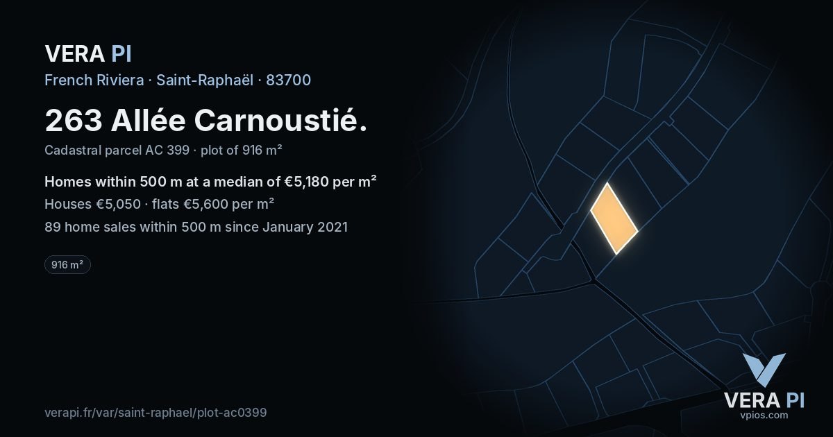 263 Allée Carnoustié, Saint-Raphaël at night – the plot lit, the parcels around coloured by the prices near them