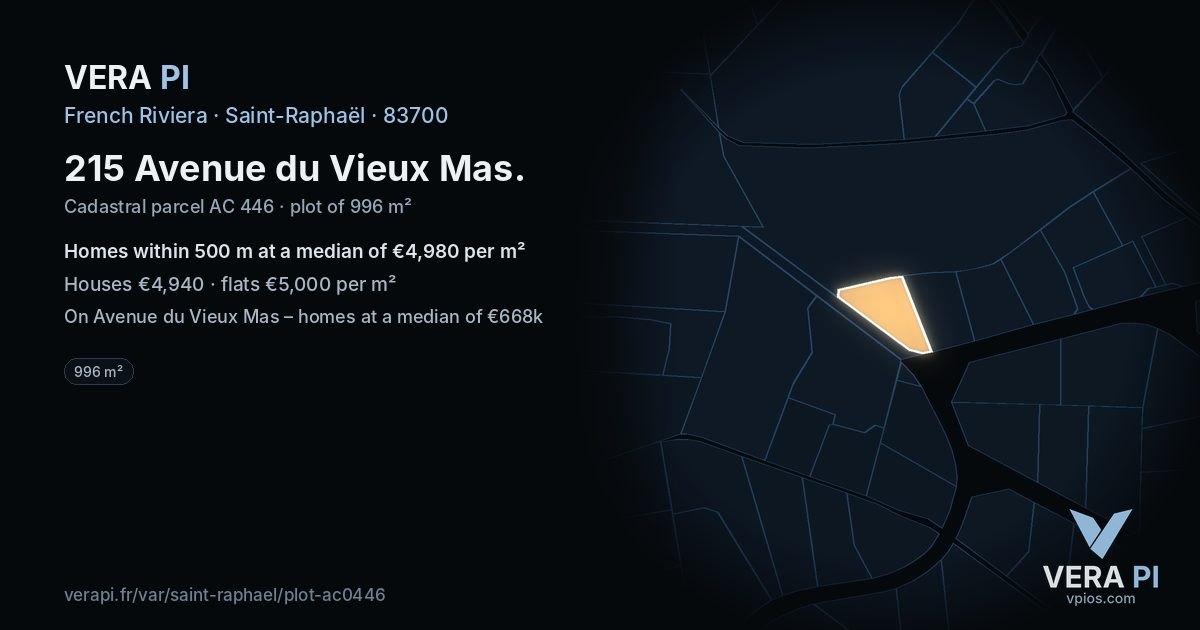 215 Avenue du Vieux Mas, Saint-Raphaël at night – the plot lit, the parcels around coloured by the prices near them