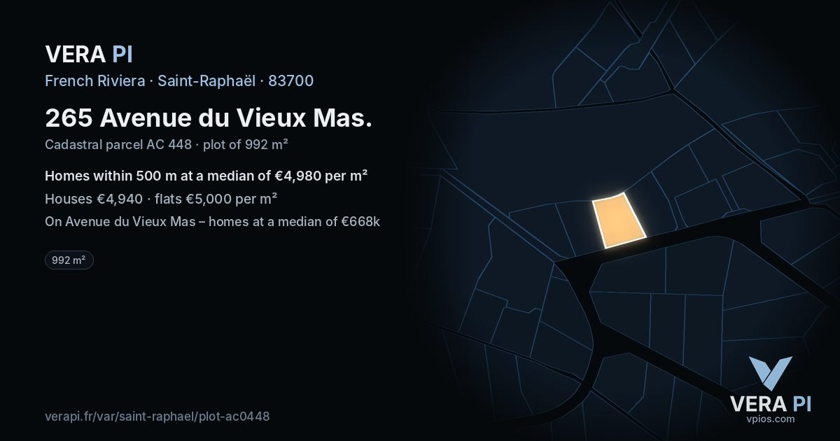 265 Avenue du Vieux Mas, Saint-Raphaël at night – the plot lit, the parcels around coloured by the prices near them