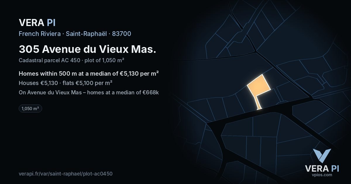 305 Avenue du Vieux Mas, Saint-Raphaël at night – the plot lit, the parcels around coloured by the prices near them