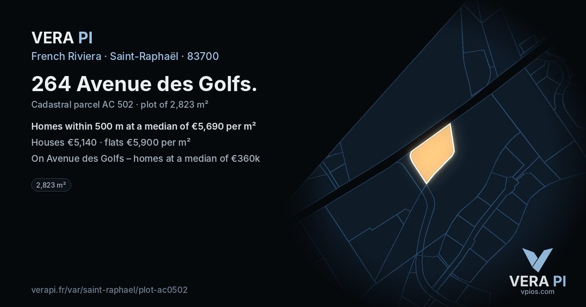 264 Avenue des Golfs, Saint-Raphaël at night – the plot lit, the parcels around coloured by the prices near them