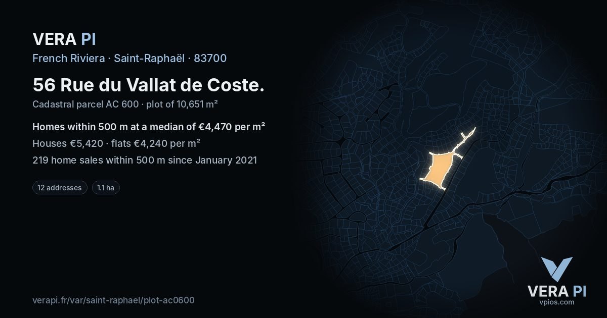 56 Rue du Vallat de Coste, Saint-Raphaël at night – the plot lit, the parcels around coloured by the prices near them