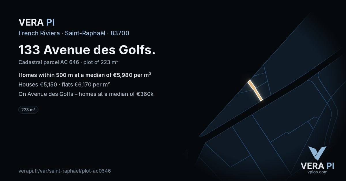133 Avenue des Golfs, Saint-Raphaël at night – the plot lit, the parcels around coloured by the prices near them