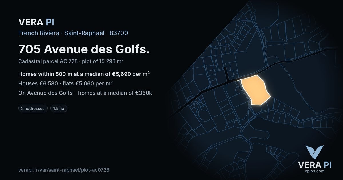 705 Avenue des Golfs, Saint-Raphaël at night – the plot lit, the parcels around coloured by the prices near them