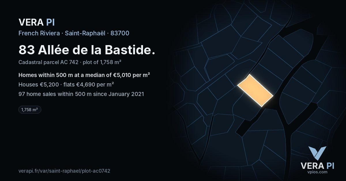 83 Allée de la Bastide, Saint-Raphaël at night – the plot lit, the parcels around coloured by the prices near them