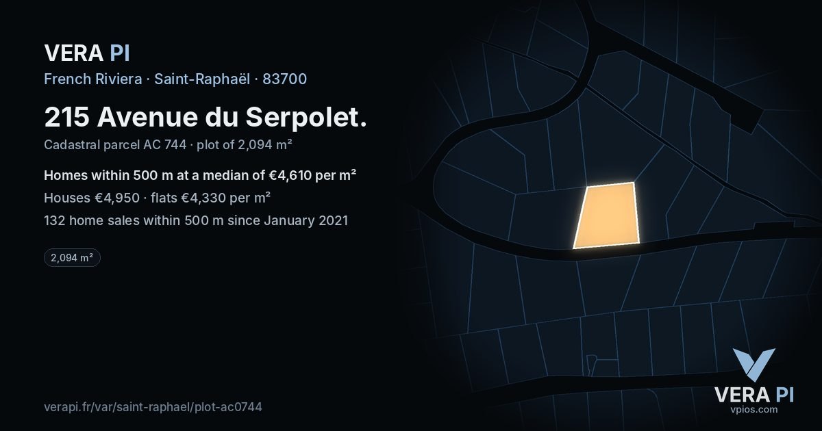 215 Avenue du Serpolet, Saint-Raphaël at night – the plot lit, the parcels around coloured by the prices near them
