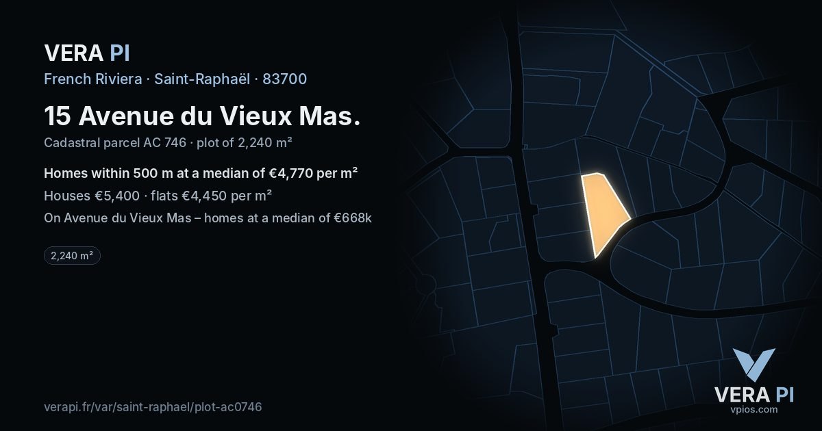15 Avenue du Vieux Mas, Saint-Raphaël at night – the plot lit, the parcels around coloured by the prices near them