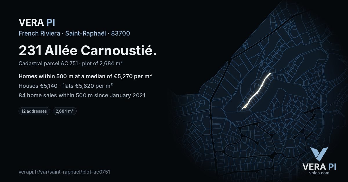 231 Allée Carnoustié, Saint-Raphaël at night – the plot lit, the parcels around coloured by the prices near them