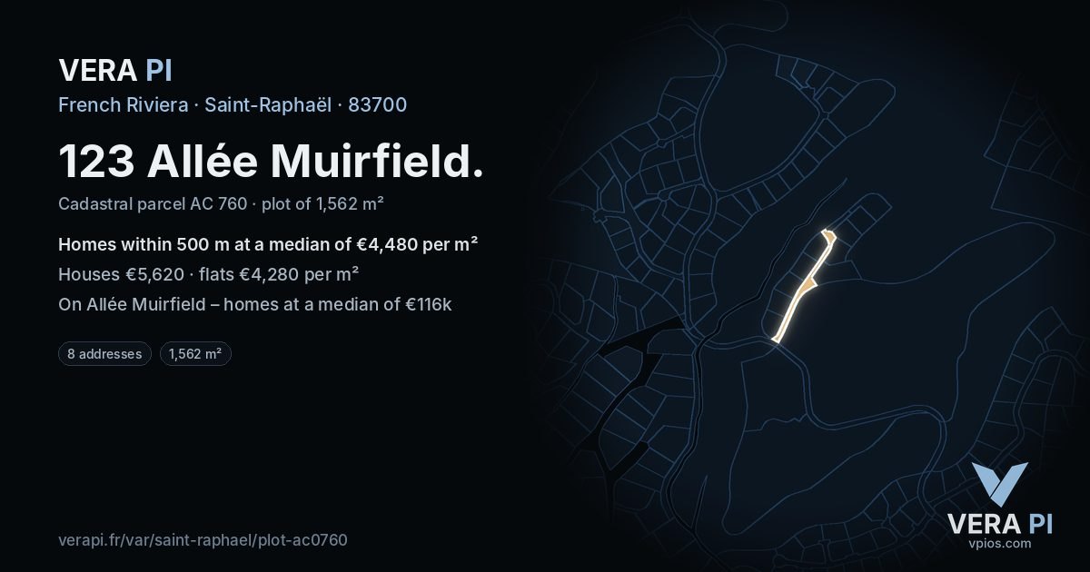 123 Allée Muirfield, Saint-Raphaël at night – the plot lit, the parcels around coloured by the prices near them