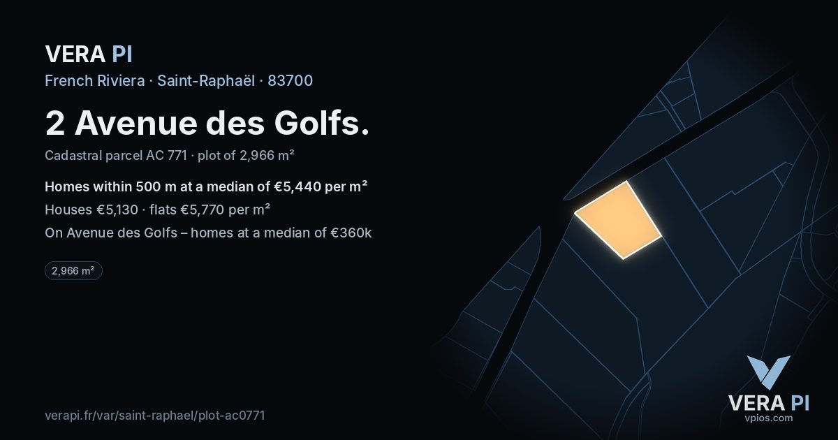 2 Avenue des Golfs, Saint-Raphaël at night – the plot lit, the parcels around coloured by the prices near them