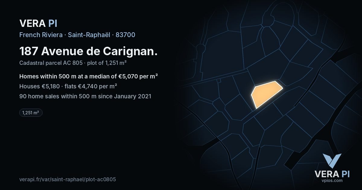 187 Avenue de Carignan, Saint-Raphaël at night – the plot lit, the parcels around coloured by the prices near them