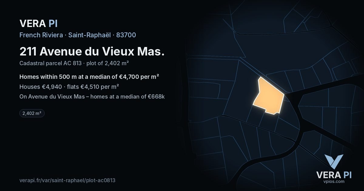 211 Avenue du Vieux Mas, Saint-Raphaël at night – the plot lit, the parcels around coloured by the prices near them