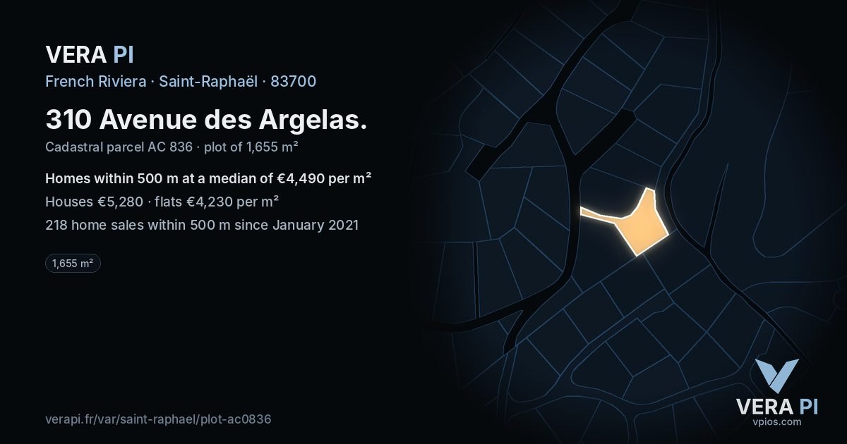 310 Avenue des Argelas, Saint-Raphaël at night – the plot lit, the parcels around coloured by the prices near them