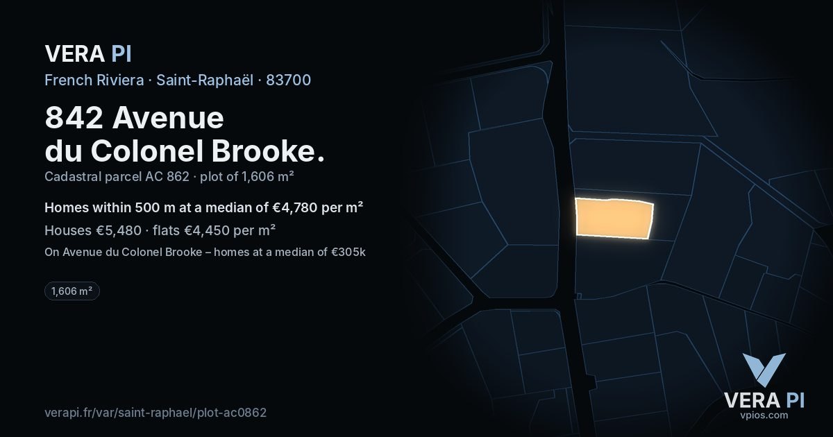 842 Avenue du Colonel Brooke, Saint-Raphaël at night – the plot lit, the parcels around coloured by the prices near them
