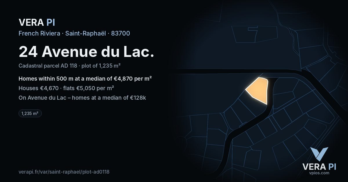 24 Avenue du Lac, Saint-Raphaël at night – the plot lit, the parcels around coloured by the prices near them